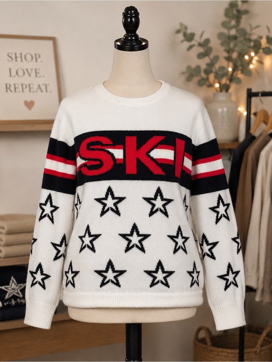 CeCe Sweaters - CeCe White Crewneck Sweater with Black Stars & Red Ski Stripe